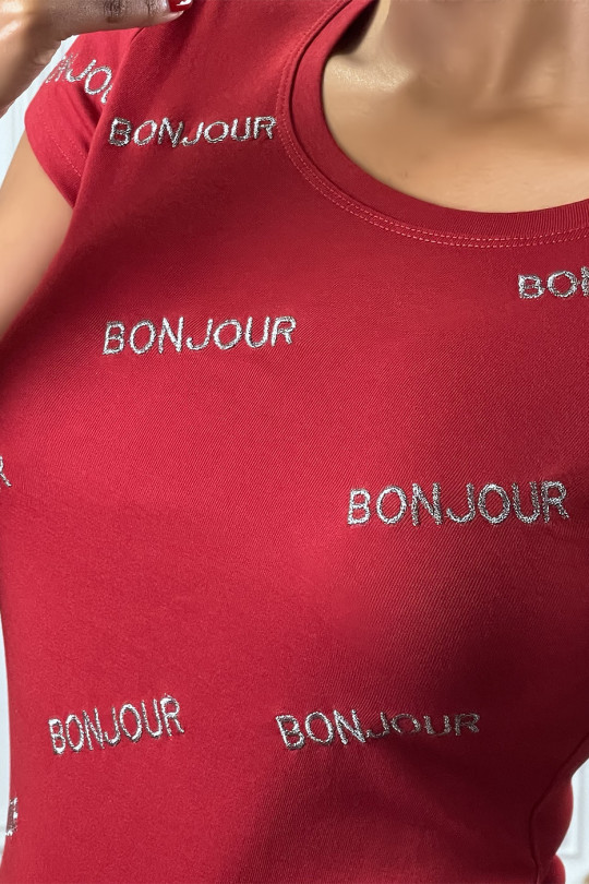 T-shirt bordeaux écriture "BONJOUR" à manches courtes et col rond - 3
