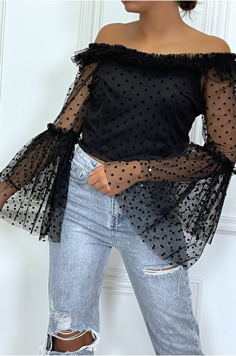 Haut bustier noir avec pois en tulle, à col bateau et manches longues évasées - 2