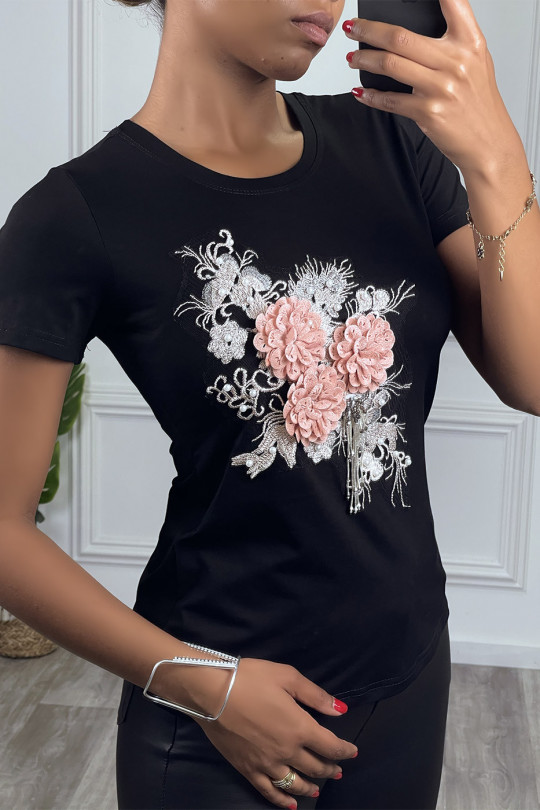 T-shirt noir avec fleurs en relief et dessins brodés, à manches courtes et col rond - 3