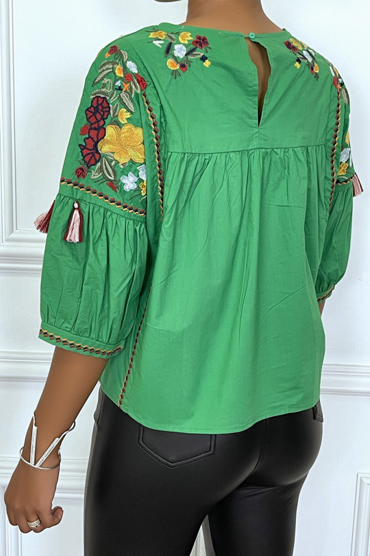Green summer blouse with embroidered details / flowers and pompoms, half-length sleeves and round neck - 1