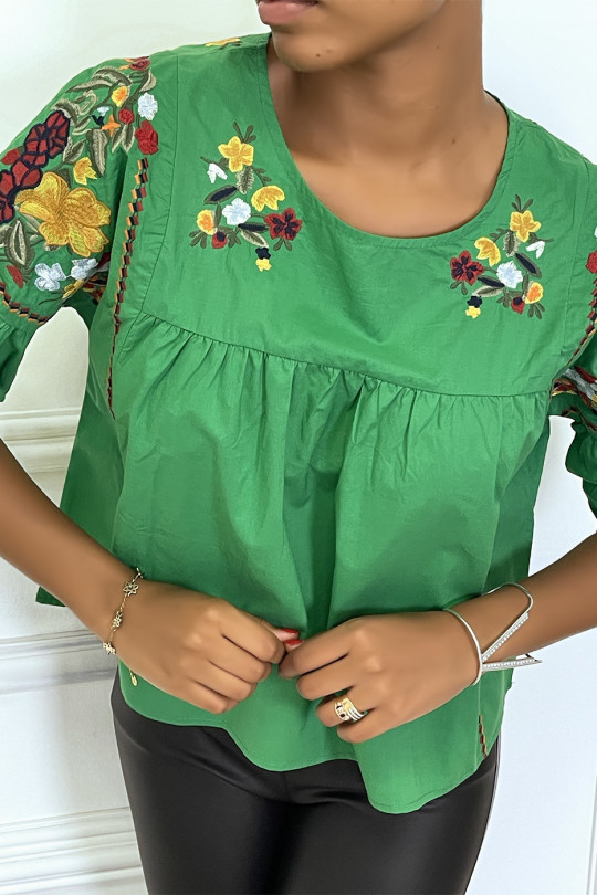 Green summer blouse with embroidered details / flowers and pompoms, half-length sleeves and round neck - 2