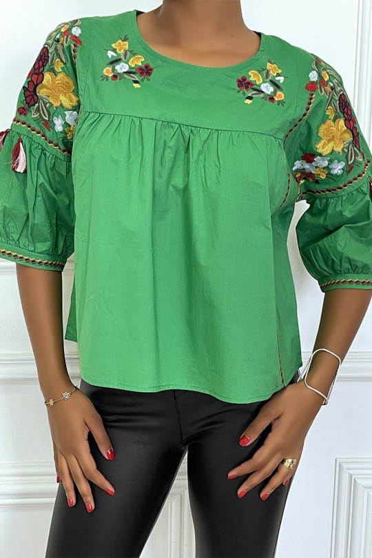 Green summer blouse with embroidered details / flowers and pompoms, half-length sleeves and round neck - 4