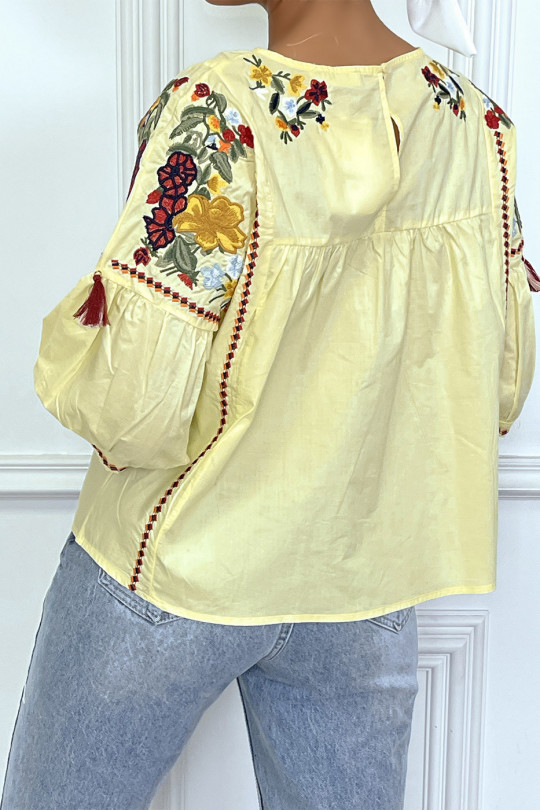 Yellow summer blouse with embroidered details / flowers and pompoms, half-length sleeves and round neck - 1