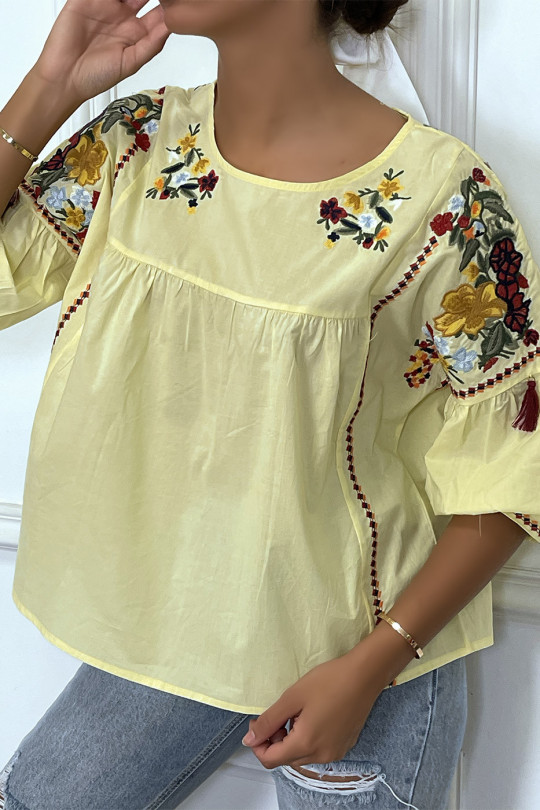 Yellow summer blouse with embroidered details / flowers and pompoms, half-length sleeves and round neck - 3