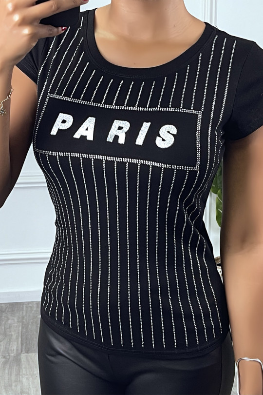 T-shirt noir avec strass et écriture "PARIS", à manches courtes et col rond - 2