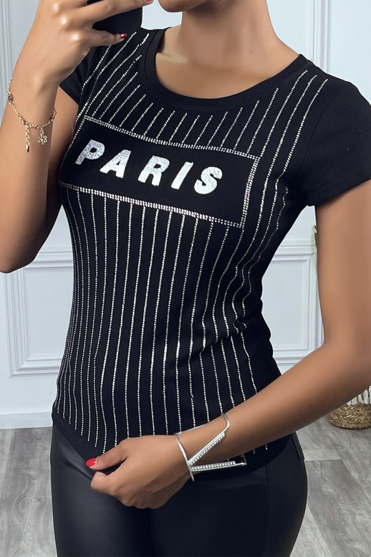 T-shirt noir avec strass et écriture "PARIS", à manches courtes et col rond - 3