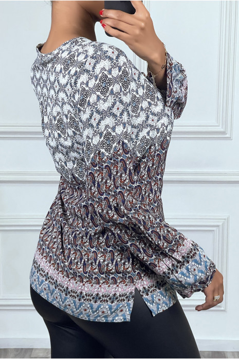 Fluid navy bohemian style blouse with bow at collar and long flared sleeves - 1