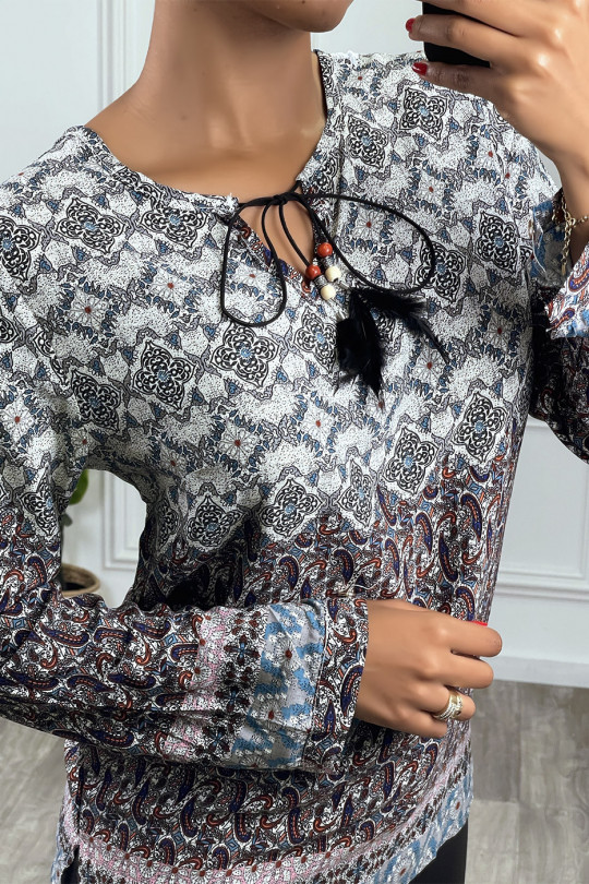 Vloeiende blouse in bohemian stijl met strik aan de kraag en lange uitlopende mouwen - 2