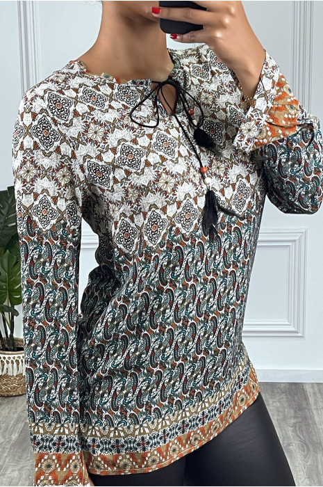 Blouse fluide style bohème vert avec noeud au col et manches longues évasées - 3