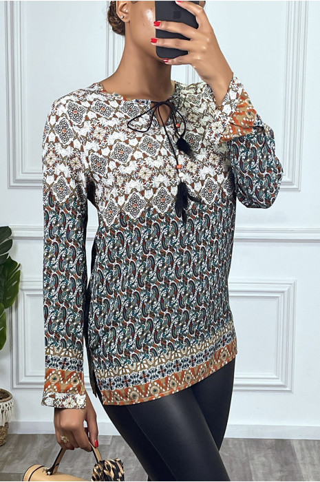 Blouse fluide style bohème vert avec noeud au col et manches longues évasées - 4