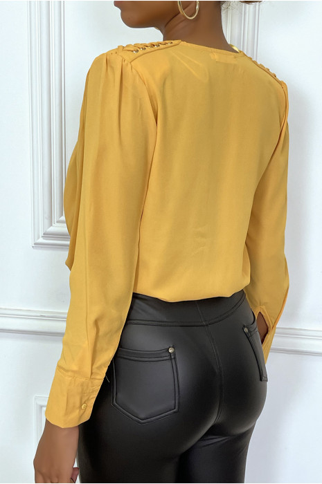Body décolleté plongeant moutarde, tressé aux épaules et manches longues - 1