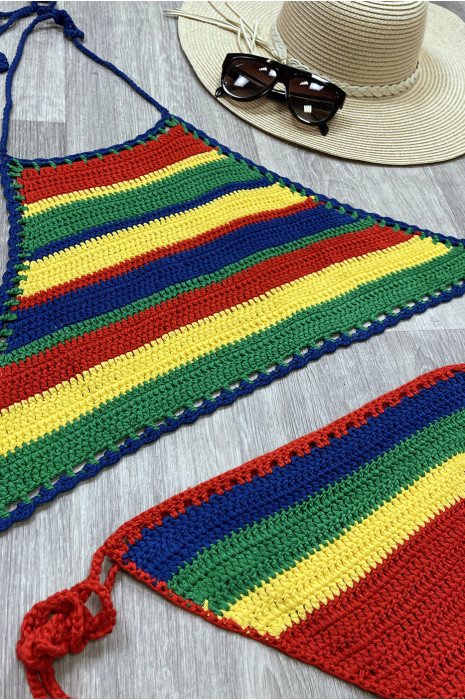 Rood, geel, groen en blauw gestreepte gehaakte bikini met open rug - 1