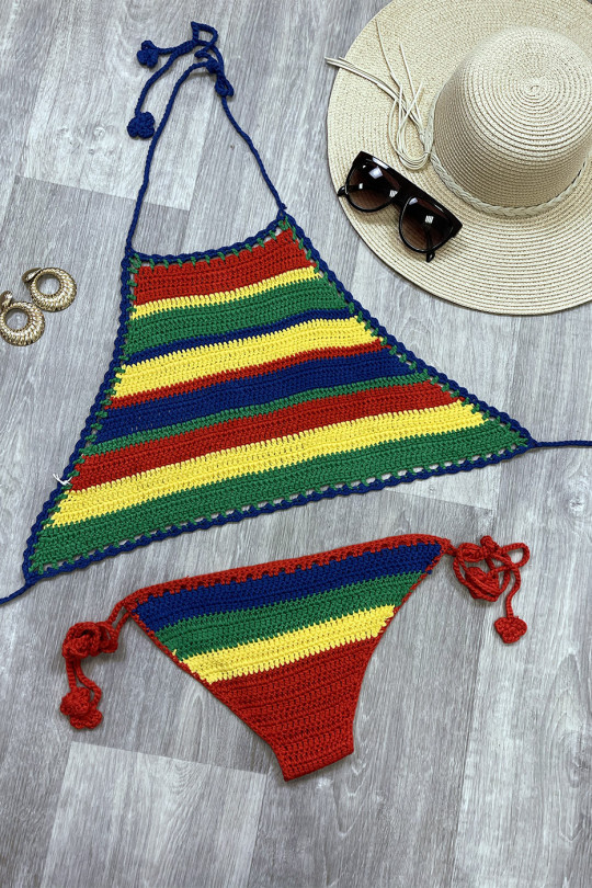 Bikini en crochet à rayures rouge, jaune, vert et bleu et dos nu - 2