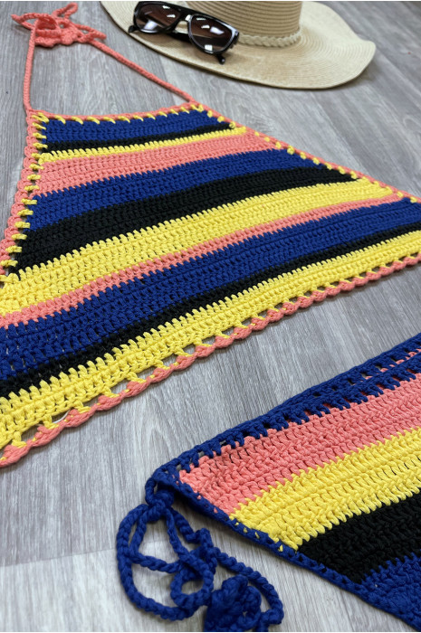 Crochet BiCGni with pink, blue, yellow and black stripes and backless - 1