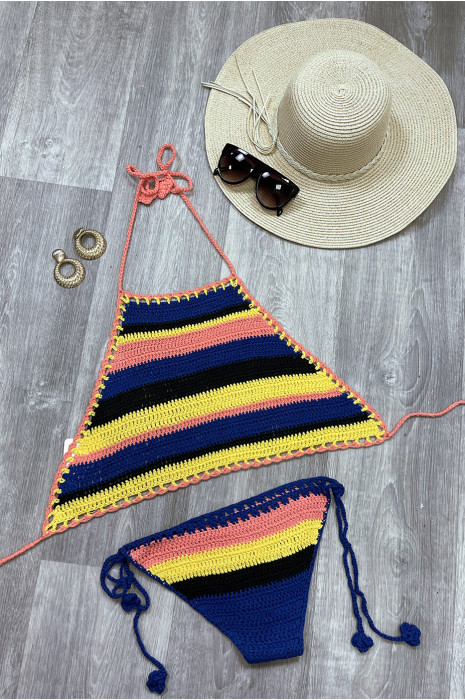 Crochet BiCGni with pink, blue, yellow and black stripes and backless - 2