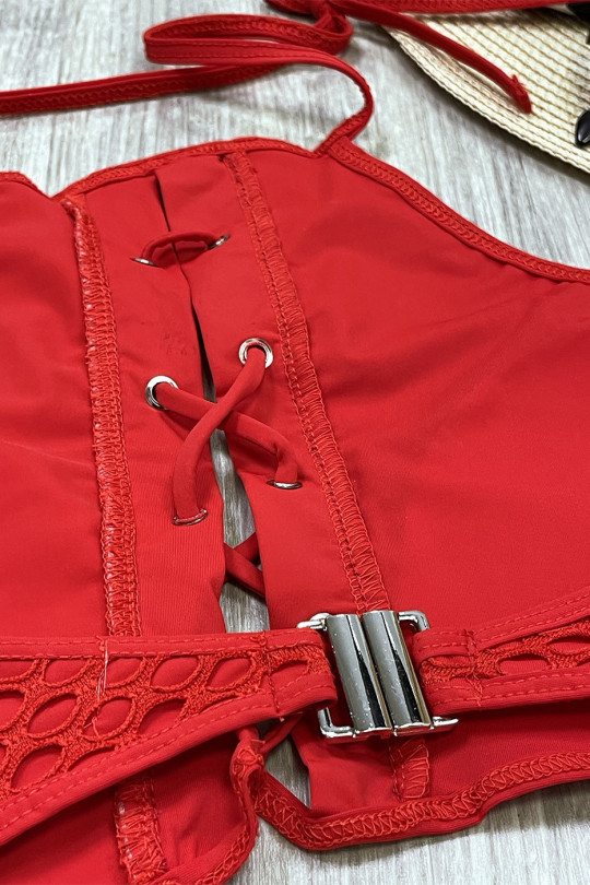 Bikini taille haute en filet rouge avec lacets et dos nu - 1