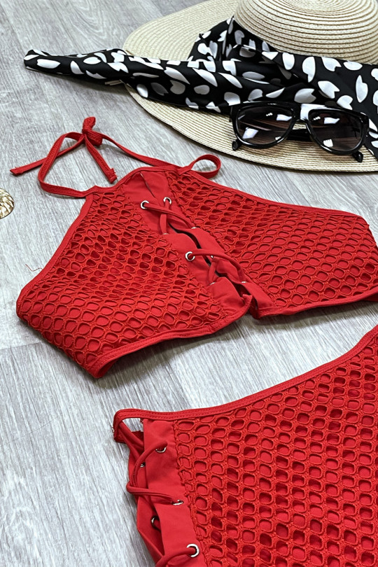 Bikini taille haute en filet rouge avec lacets et dos nu - 2