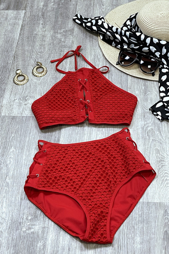 Bikini taille haute en filet rouge avec lacets et dos nu - 3