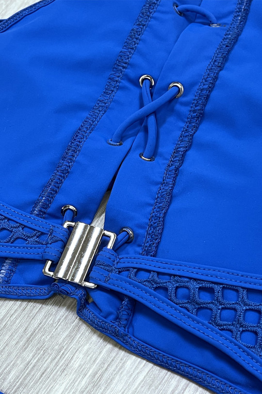 Bikini taille haute en filet bleu avec lacets et dos nu - 1