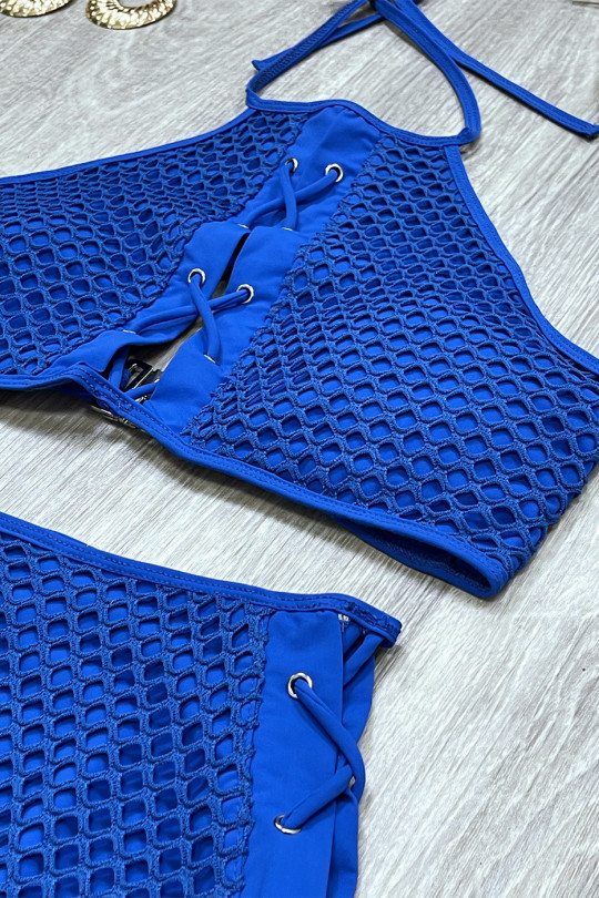 Bikini taille haute en filet bleu avec lacets et dos nu - 2
