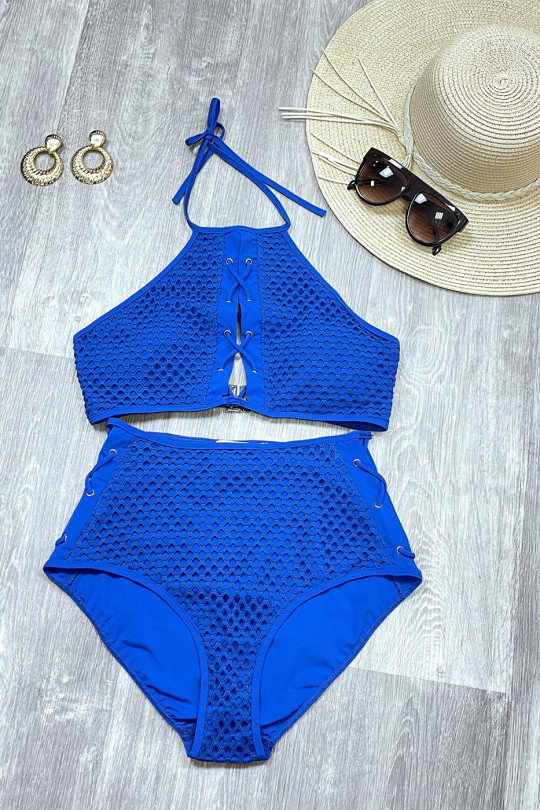 Bikini taille haute en filet bleu avec lacets et dos nu - 3