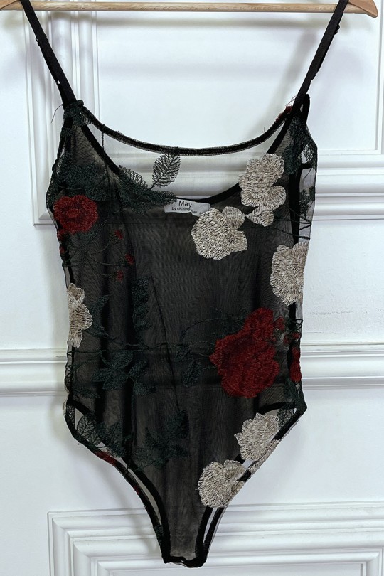 Body transparent noir avec fleurs brodées et fines bretelles - 1