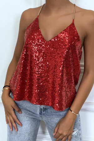 Débardeur Femme Rouge Foncé à Paillettes - Taille 2, Neuf Jamais Porté