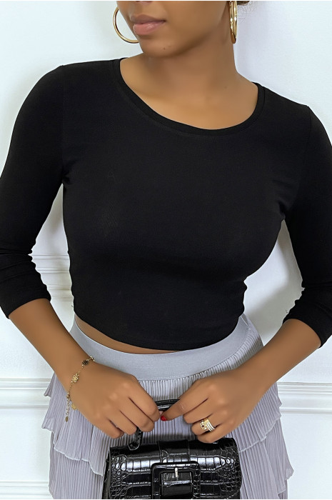 T-shirt noir avec dos ouvert et noeud avec perles, à manches longues et col rond - 3