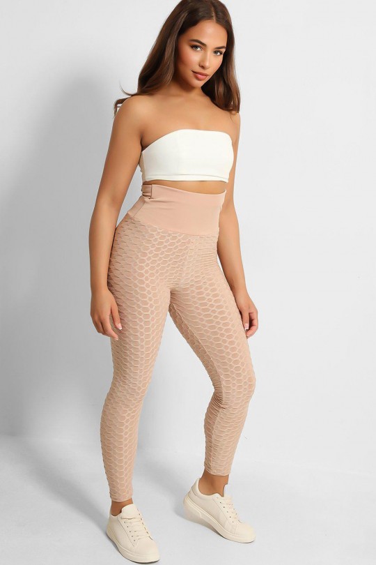 Beige anti-cellulite high-waisted push-up leggings with slimming effect with bow on the back - 1
