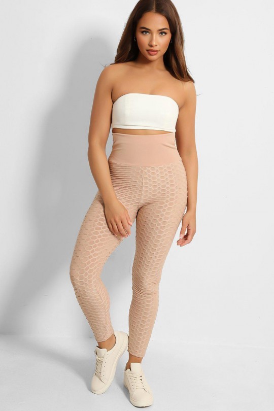 Beige anti-cellulite high-waisted push-up leggings with slimming effect with bow on the back - 2