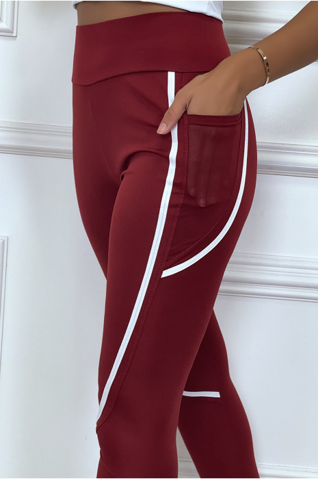 Legging de sport bordeaux avec bandes blanches et poches en tulle