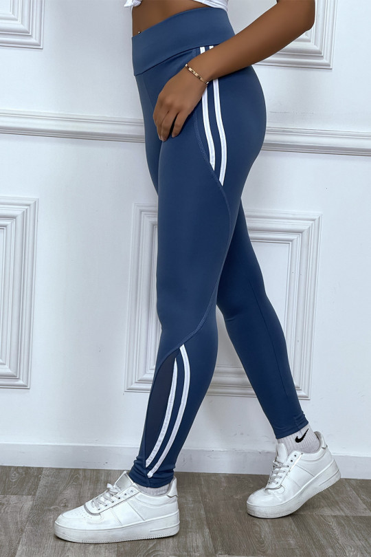 Legging fitness bleu avec bandes blanches - 2