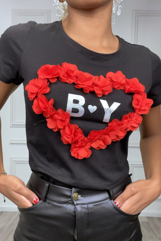 T-shirt noir avec coeur en tulles rouge et inscription "B+Y" à manches courtes - 1