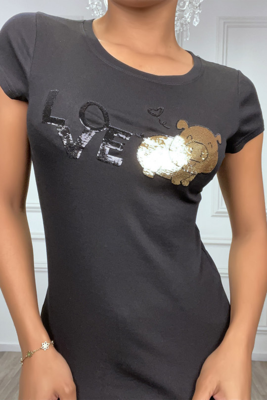 T-shirt noir inscription "love" et petit cochon en sequins - 1