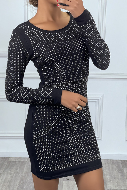 Black Bodycon Dress with Rhinestones with Round Neck and Long Sleeves - 1