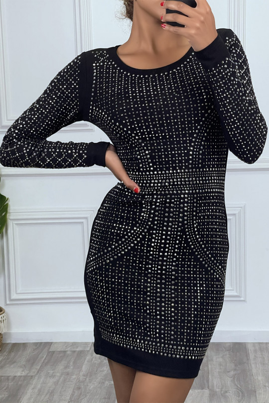 Black Bodycon Dress with Rhinestones with Round Neck and Long Sleeves - 2