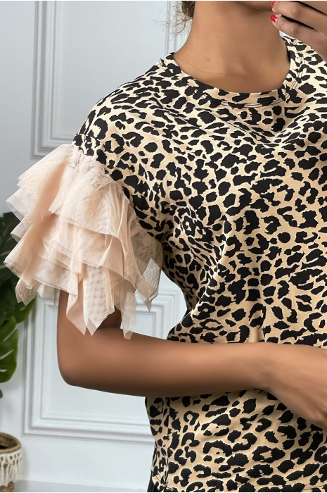Taupe T-shirt met ronde hals en luipaardprint en mouwen van roze tule met ruches - 2