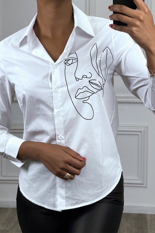 Chemise blanche avec dessin de visage en noir, à manches longues - 1