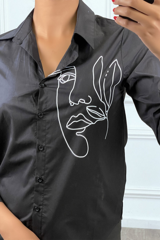Chemise noire avec dessin de visage en blanc, à manches longues - 2