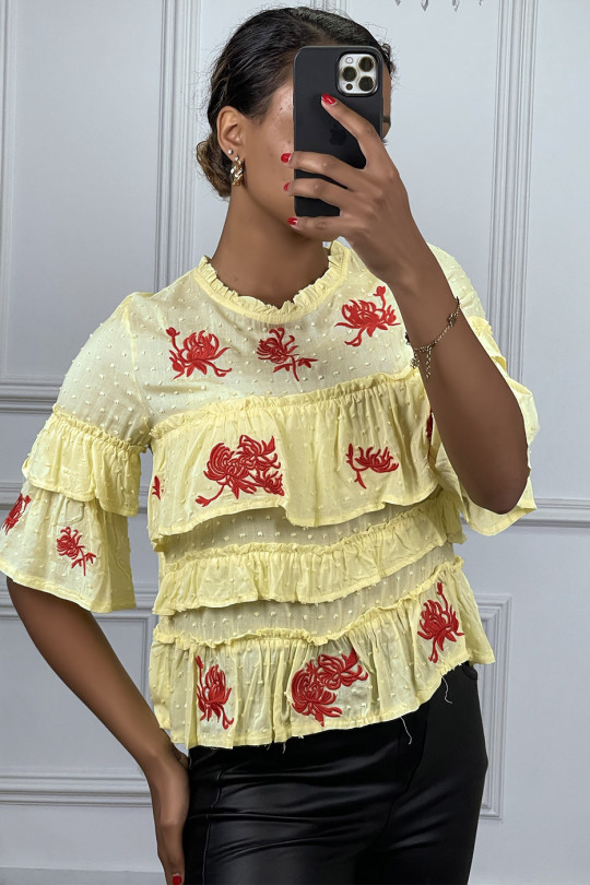 Yellow top with ruffle and red embroidery - 1