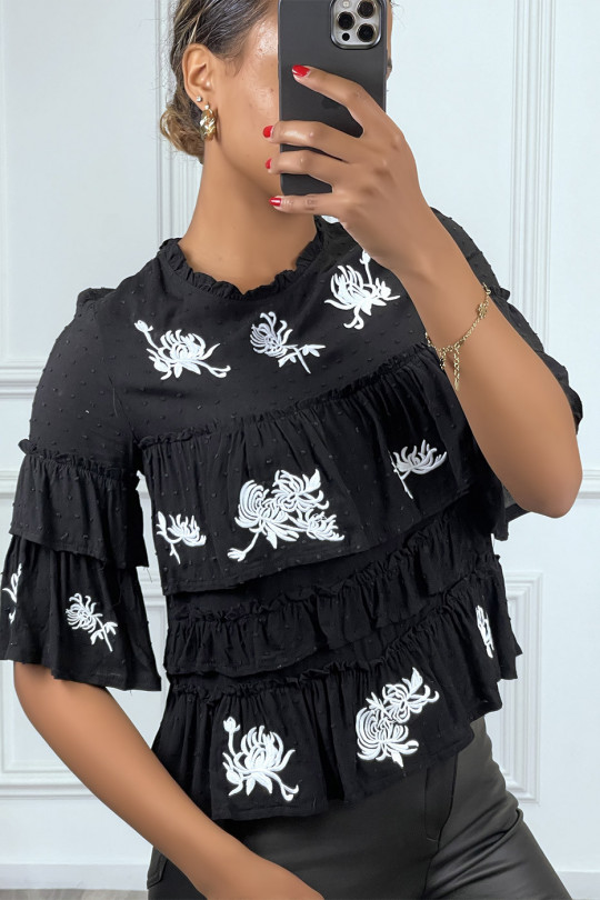 Black top with ruffle and white embroidery - 1