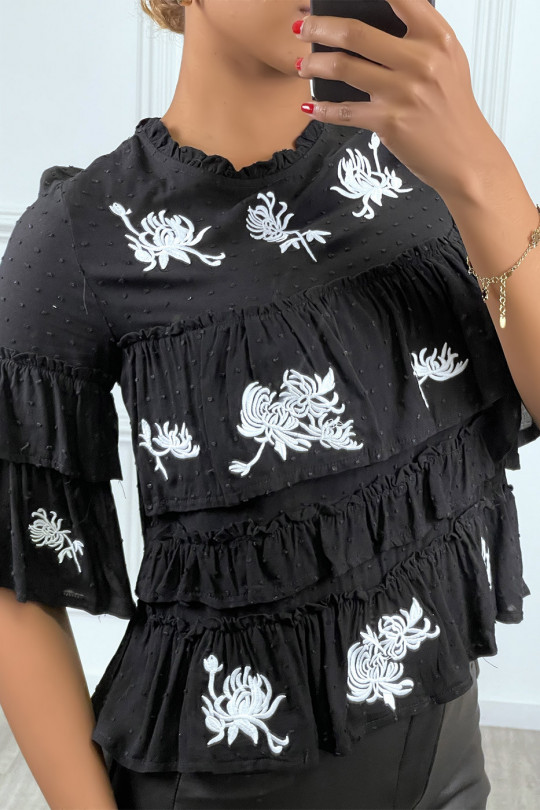Black top with ruffle and white embroidery - 2
