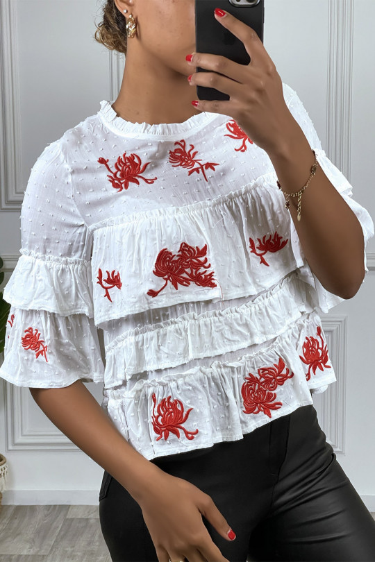 White top with ruffle and red embroidery - 1