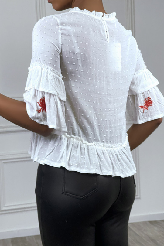 White top with ruffle and red embroidery - 2