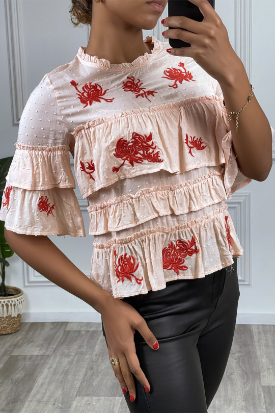Pink top with ruffle and red embroidery - 1