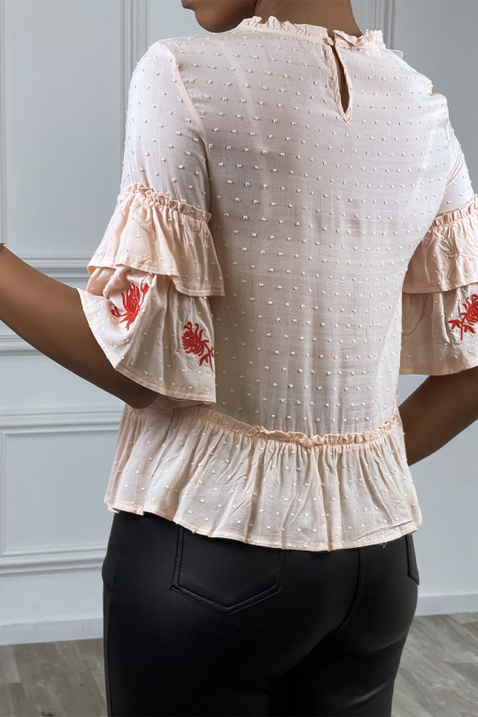 Pink top with ruffle and red embroidery - 2