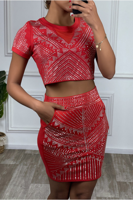 Rode crop top en strass rok set - 2