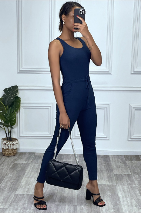 Combinaison pantalon marine matière cotelè - 1