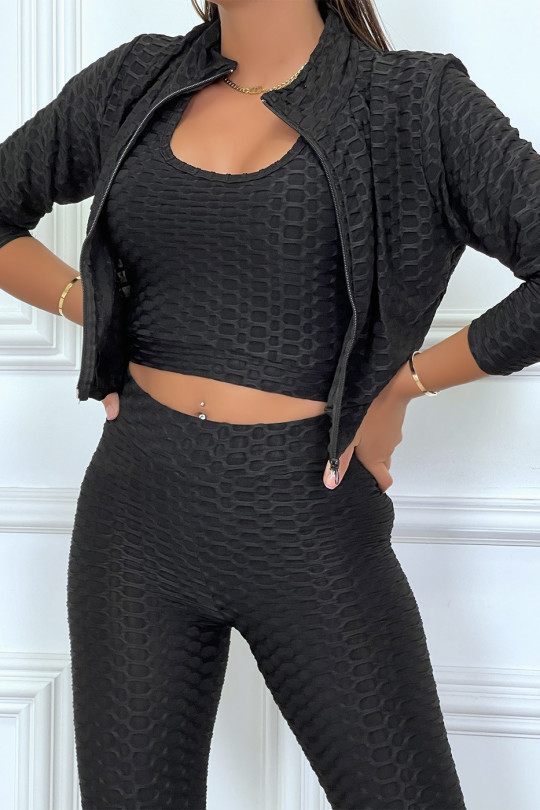 Black push-up fitness set composed of 3 pieces: leggings, crop top and mini jacket - 4