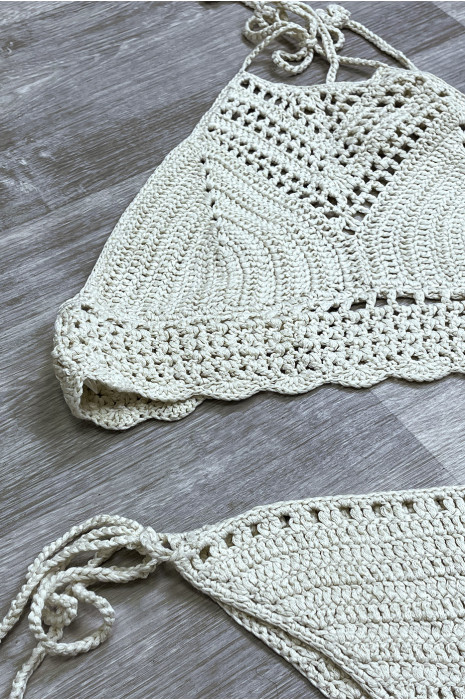 Bikini beige en crochet ras du cou - 2